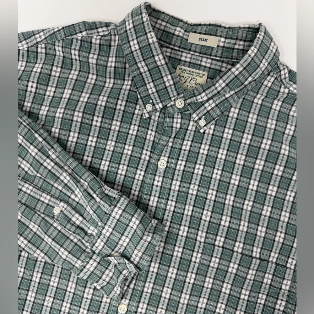 J. Crew Stretch Men’s Green Plaid Casual Button Down Shirt Long Sleeve Slim Fit‎